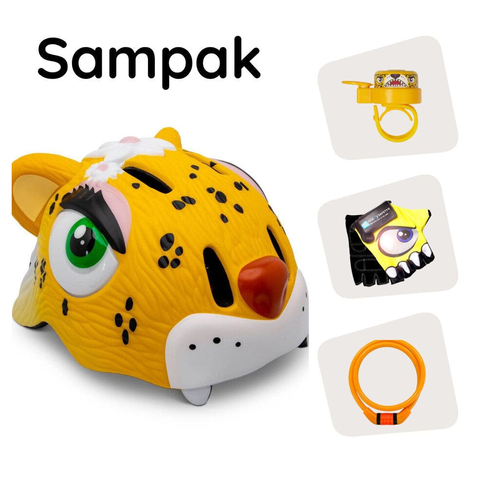 Crazy Safety Sampak: gul leopardcykelhjelm, cykelhandsker, lås og leopardringeklokke til børn