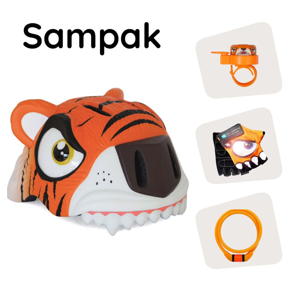 Crazy Safety Sampak: orange tigercykelhjelm, cykelhandsker, lås og tigerringeklokke til børn