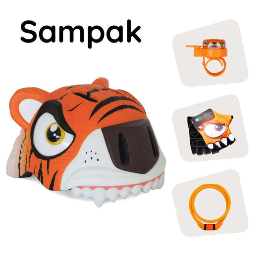 Crazy Safety Sampak: orange tigercykelhjelm, cykelhandsker, lås og tigerringeklokke til børn