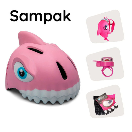 Crazy Safety Sampak: pink hajcykelhjelm, hajrygsæk, hajcykelhandsker og hajringeklokke til børn