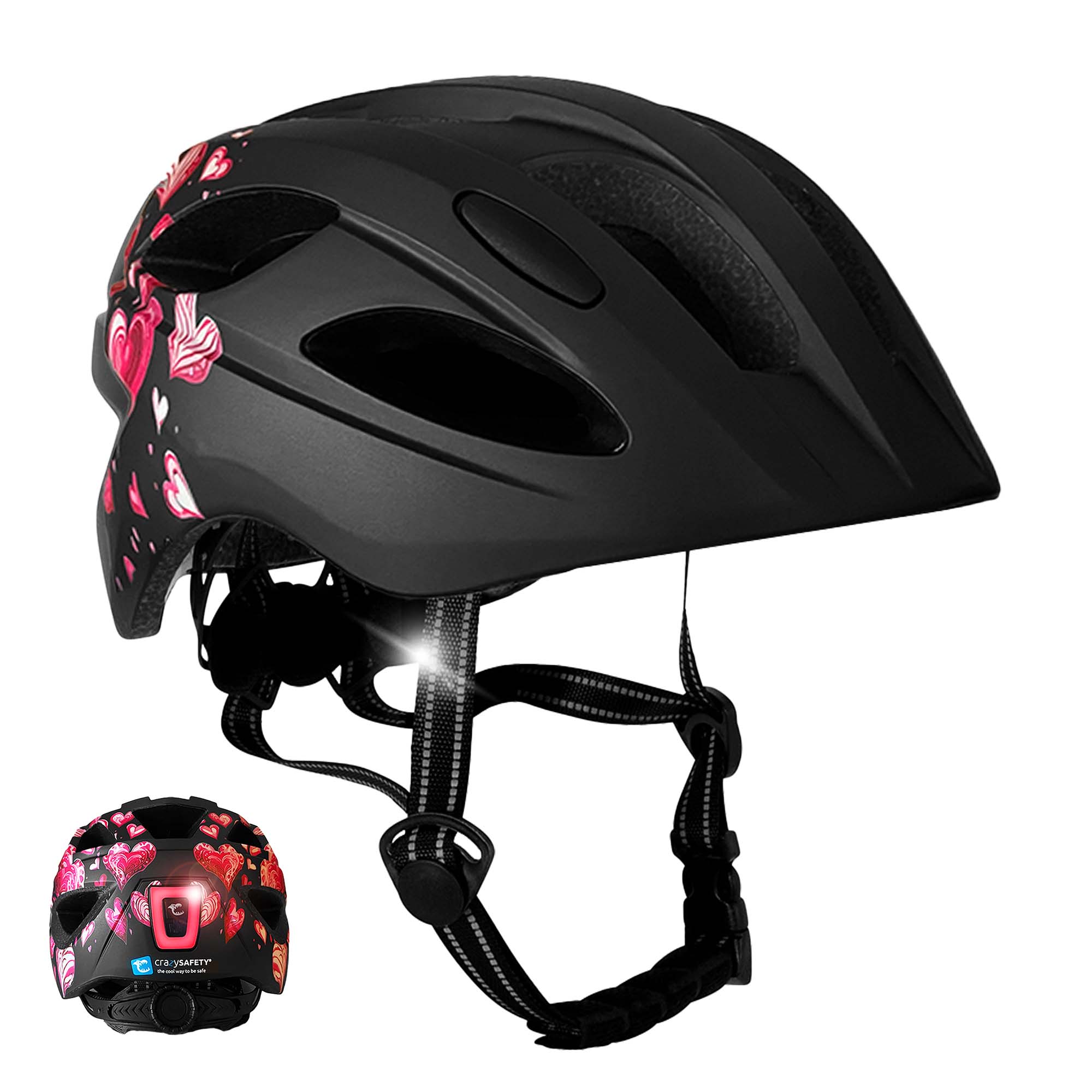 Crazy Safety Cykelhjelm Black Heart / M (54-58cm) Heartbeat Stripes børnehjelm med lys