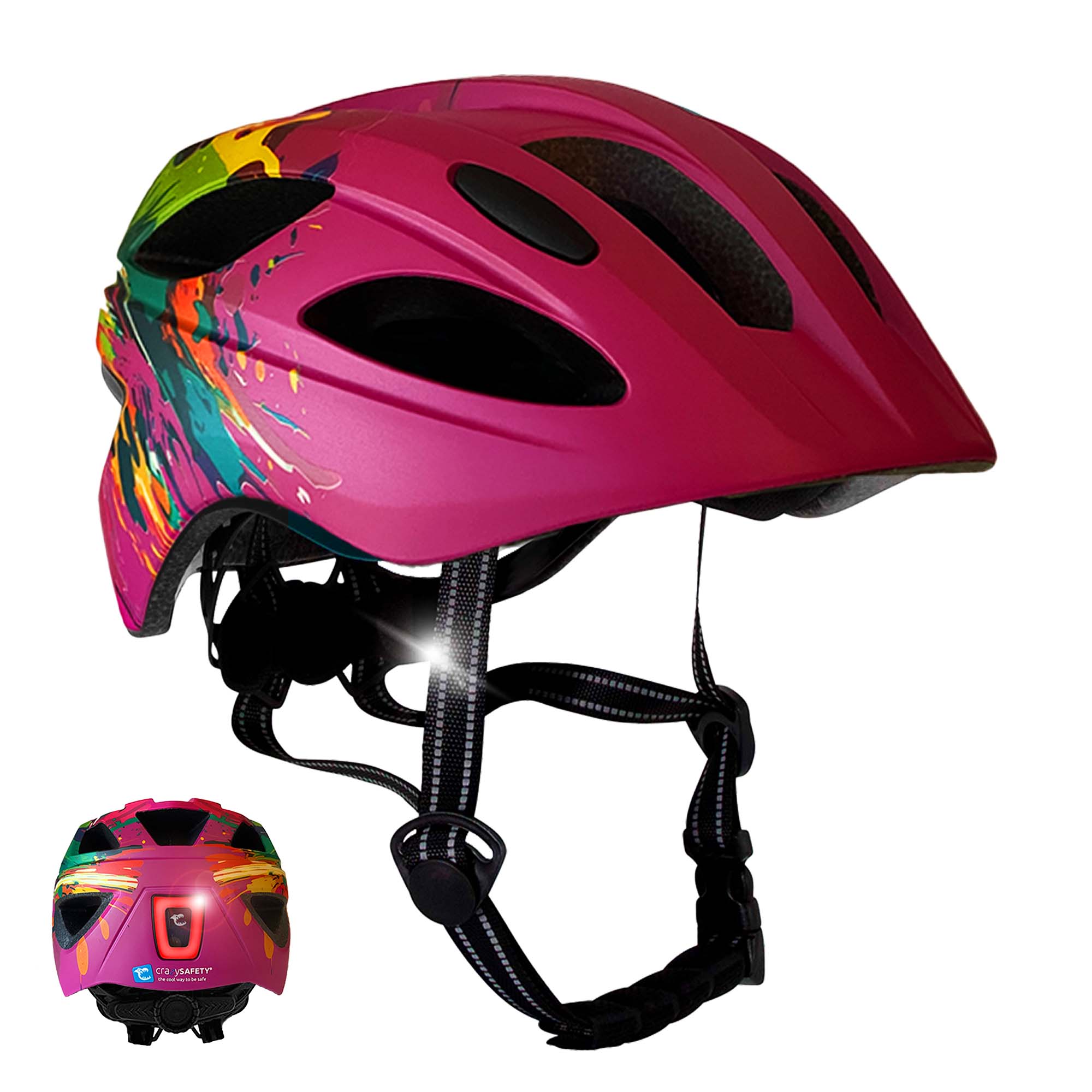 Crazy Safety Cykelhjelm Pink Splash / M (54-58cm) Wild Brush børnehjelm med lys