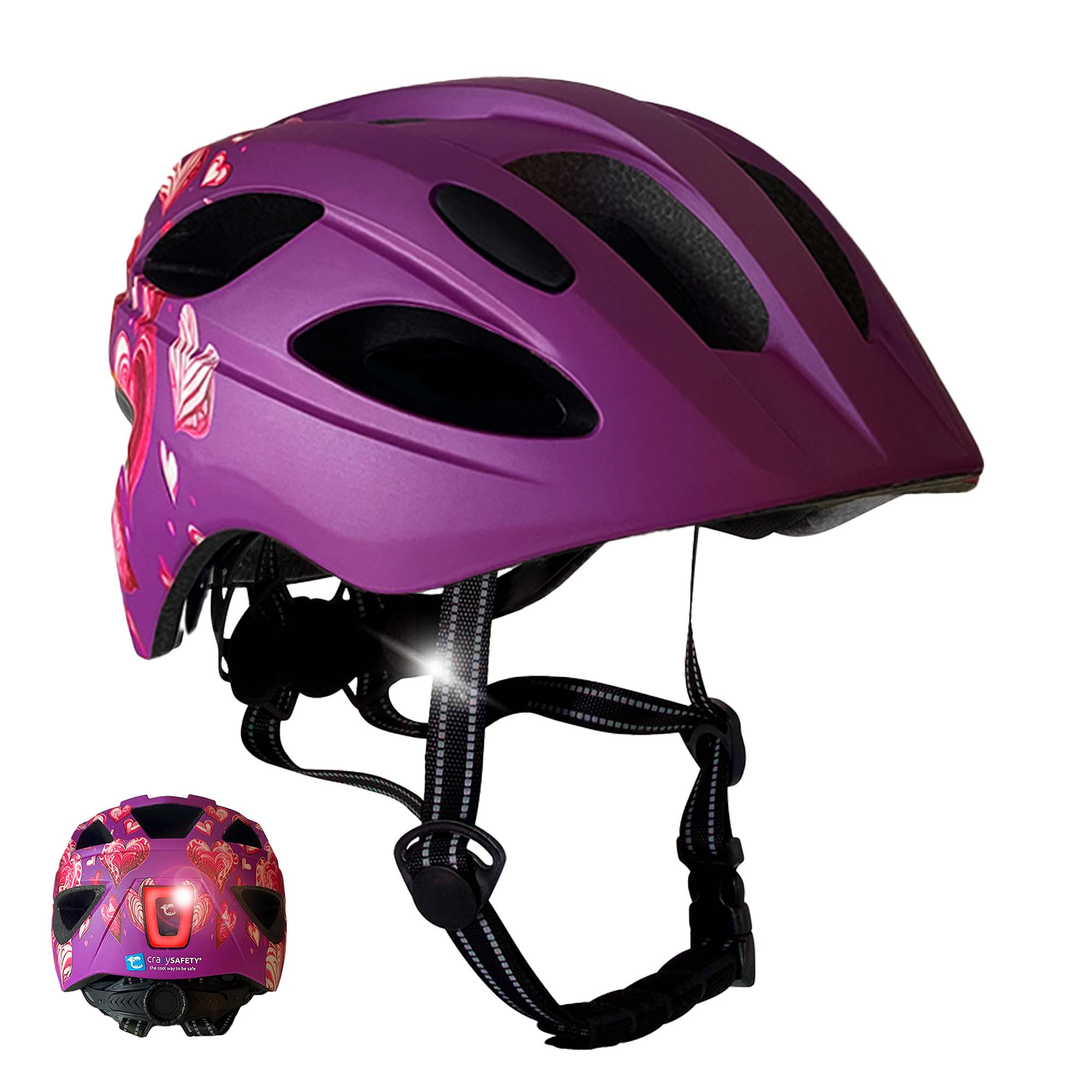 Crazy Safety Cykelhjelm Purple Heart / M (54-58cm) Heartbeat Stripes børnehjelm med lys