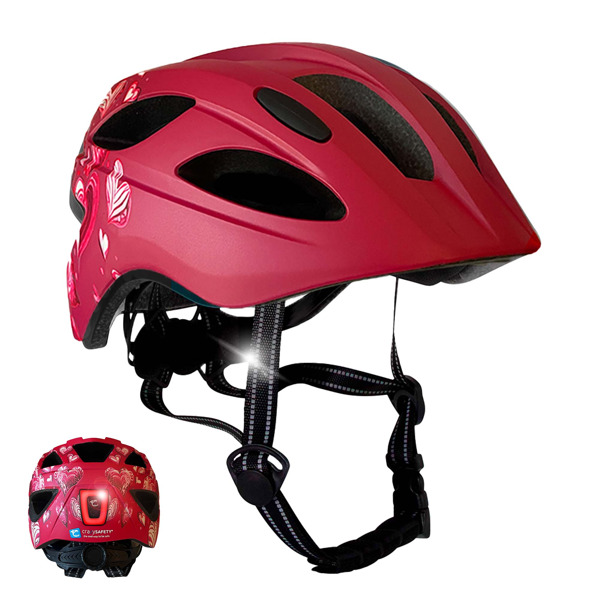 Crazy Safety Cykelhjelm Red Heart / M (54-58cm) Heartbeat Stripes børnehjelm med lys